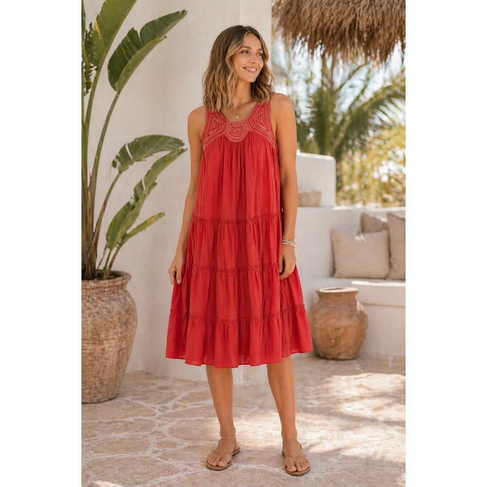 Vasta Desire Tiered‎ Midi Dress Womens L Red Embroidered Cotton Boho Sleeveless